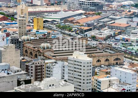 Sao Paulo SP, Brazil - November 22, 2019: Aerial view of the Mercado Municipal de Sao Paulo and surroundings at the historic downtown of the city. Stock Photo