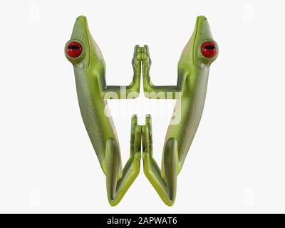 Green frog red eyes mirrored on a white background 3d rendering Stock Photo