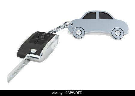 Car key with car shape metal keychain. 3D rendering isolated on white background Stock Photo