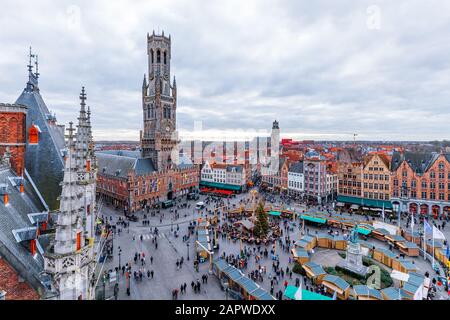 Cityscape and main square in Bruges (Belgium), Belfry Tower Stock Photo