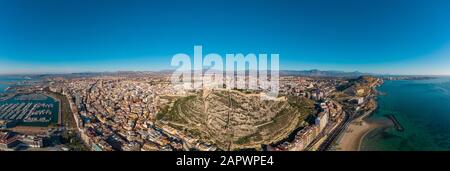 Aerial view of Santa Barbara castle ancient fortress with panoramic views in Alicante Spain Stock Photo