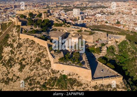 Aerial view of Santa Barbara castle ancient fortress with panoramic views in Alicante Spain Stock Photo