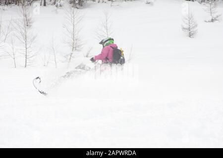 A man in a bright pink jacket and helmet rides a snowmobile (snow machine, motor sled, motor sledge, skimobile, snowscooter, sled or Ski-Doo). Stock Photo