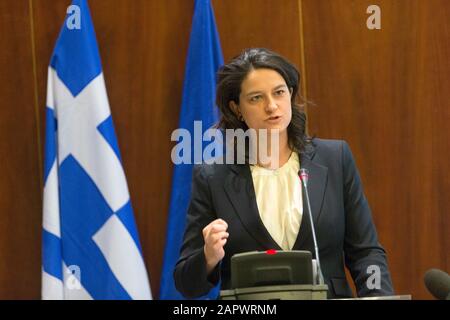 Athens, Greece. 24th Jan, 2020. Niki Kerameus, Greek Minister of Education and Religious Affairs, speaks during an event titled 'Building International Bridges: Opening Greek Universities to the World' in Athens, Greece, on Jan. 24, 2020. On the occasion of the International Day of Education marked on Friday, the Greek government presented state universities' programs addressed to foreign nationals, inviting more students from all over the world to study in Greece. Credit: Marios Lolos/Xinhua/Alamy Live News Stock Photo