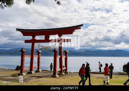 Morning view of the famous Gozanoishi Shrine at Akita, Japan Stock Photo