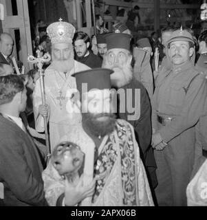 Middle East 1950-1955: Jerusalem  Easter celebration. Patriarch and priests in the Holy Sepulchre Church Annotation: At the time of the recording was Jerusalem in Jordan Date: 1950 Location: Palestine, Jerusalem, Jordan Keywords: churches, patriarchs, priests Stock Photo