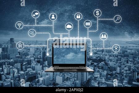 Computer laptop with application programming and social media icons Stock Photo