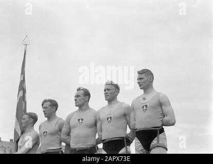 Iceland  Reykjavik. Icelandic wrestling (Glima): members of the glimateam of the Menntaskolinn with banner Date: 1934 Location: Iceland, Reykjavik Keywords: schools, sports clubs, banners, martial and defensive sports, wrestling Stock Photo
