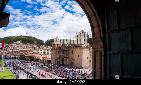 Panoramic view of the central square of Cusco in the center of Cusco Peru Stock Photo