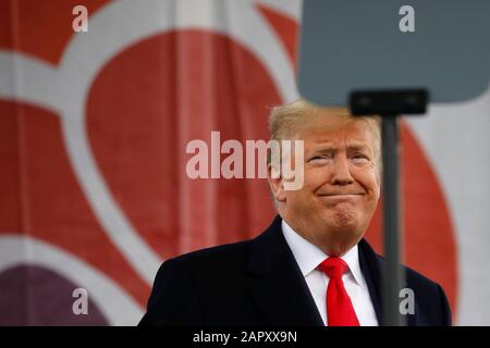 Washington DC, USA. 24th Jan, 2020. United States President Donald J. Trump smiles at the 47th annual March for Life on the National Mall in Washington, DC on January 24, 2020. Credit: MediaPunch Inc/Alamy Live News Stock Photo