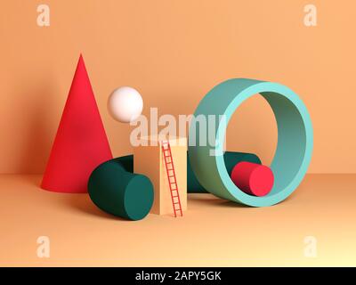 Abstract colorful still life installation, primitive geometric shapes. 3d rendering illustration Stock Photo