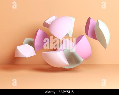 Abstract digital background with colorful fragments of broken sphere in yellow interior, 3d rendering illustration Stock Photo