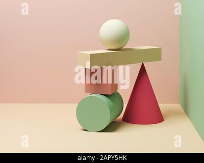 Abstract equilibrium still life installation of colorful primitive geometric shapes. 3d rendering illustration Stock Photo