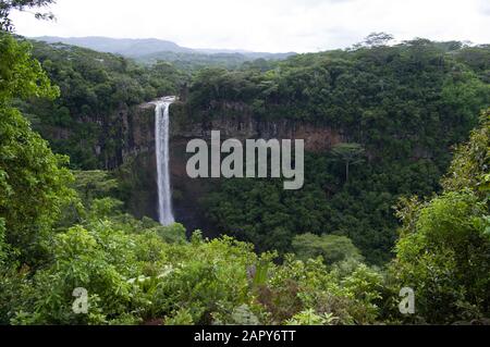 Cascade Chamarel or Chamarel Waterfall in  the Black River Gorges National Park on Mauritius plunging 80-100 metres through forest and cliffs Stock Photo