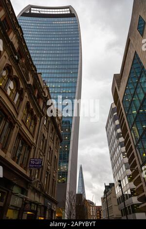 London,UK - January 2, 2020: the London skyscraper known as - The Walkie Talkie - in contrast whit the old building. The Shard in Background Stock Photo