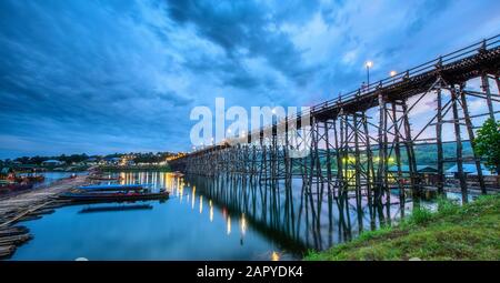 Wooden bridge (Mon Bridge) in Sangkhlaburi District, Kanchanaburi, Thailand Stock Photo