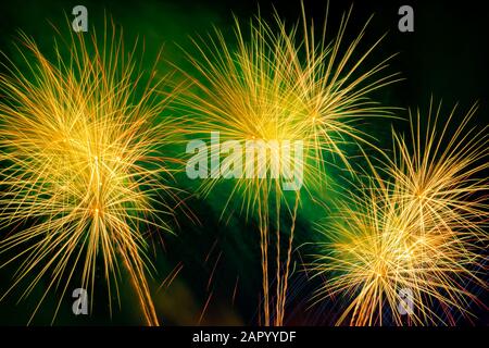 Green fireworks display for celebration on dark night background. Stock Photo