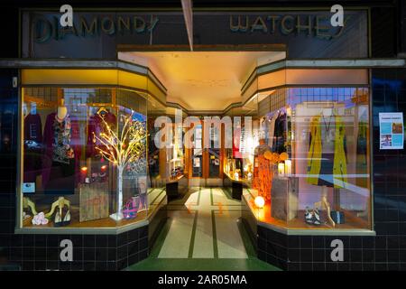 Shop front at night in main street. Glen Innes NSW Stock Photo