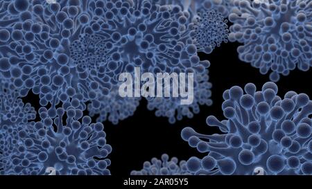 Coronavirus molecule microscopic 3d illustration. Concept of virus infection. Isolate on black background. Selective focus macro shot with shallow DOF Stock Photo