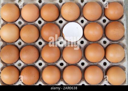 Close up of raw brown eggs in an egg carton, one egg  is broken Stock Photo