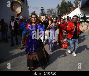 Kathmandu, Nepal. 25th Jan, 2020. Indigenous people from ethnic Tamang community dance and sing during Sonam Lhosar, New Year advent in Kathmandu, Nepal on Saturday, January 25, 2020. Credit: Skanda Gautam/ZUMA Wire/Alamy Live News Stock Photo