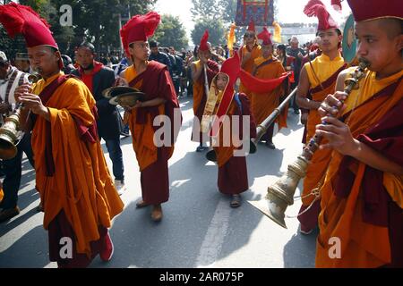 Kathmandu, Nepal. 25th Jan, 2020. Buddhist Monks play traditional instruments during Sonam Lhosar, New Year advent in Kathmandu, Nepal on Saturday, January 25, 2020. Credit: Skanda Gautam/ZUMA Wire/Alamy Live News Stock Photo