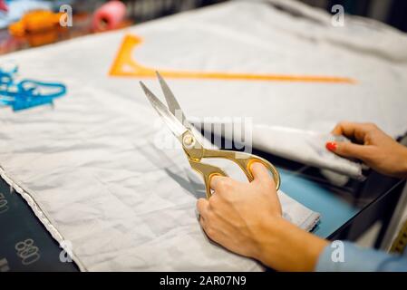 Seamstress cuts fabric with scissors in workshop Stock Photo