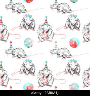 Small funny white-gray rats in hats and crowns, watercolor painting, painted splash green-red moon, seamless pattern design on white background Stock Photo