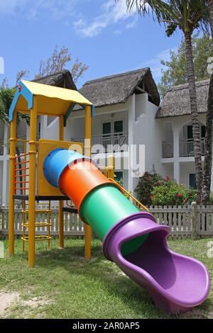 Timomo Kindergarten fence and jungle gym in Veranda Palmar Beach Hotel and Spa, Mauritius. Stock Photo