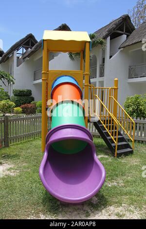 Timomo Kindergarten fence and jungle gym with small staircase in Veranda Palmar Beach Hotel and Spa, Mauritius. Stock Photo