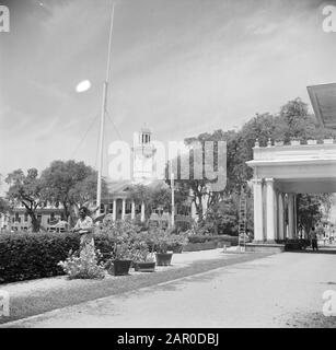 Dutch Antilles and Suriname at the time of the royal visit of Queen Juliana and Prince Bernhard in 1955  The Governorate Square in Paramaribo with the Department of Finance Date: 1 October 1955 Location: Paramaribo, Suriname Keywords: gardeners, ministries Stock Photo