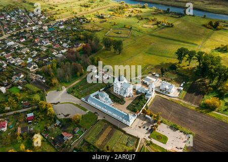 Mahiliou, Belarus. Mogilev Cityscape With Famous Landmark St. Nicholas Monastery. Aerial View Of Skyline In Autumn Day. Bird's-eye View. Stock Photo
