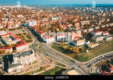 Grodno, Belarus. Aerial Bird's-eye View Of Hrodna Cityscape Skyline. Famous Popular Historic Landmarks In Sunny Autumn Day. Stock Photo
