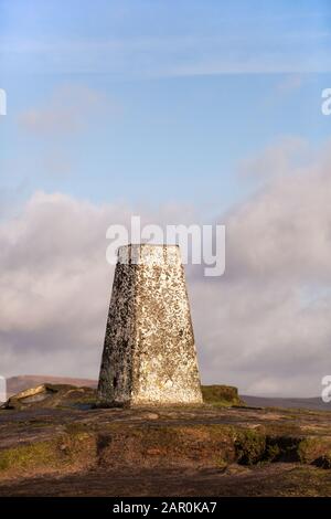 The triangulation point  trig point on Shutlingsloe hill in the English Peak district Stock Photo