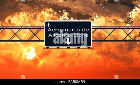 Alicante Spain Airport Highway Sign in an Amazing Sunset Sunrise 3D Illustration Stock Photo