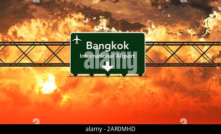 Bangkok Thailand Airport Highway Sign in an Amazing Sunset Sunrise 3D Illustration Stock Photo