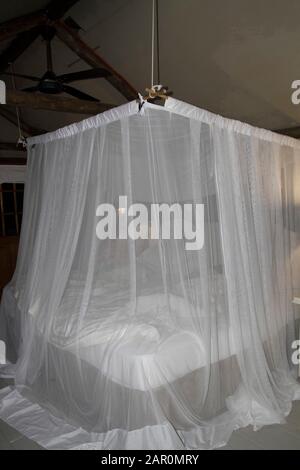 Bed with mosquito net, luxury tent interior, Ponta Malongane beach, Mozambique. Stock Photo