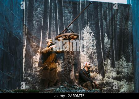 Minsk, Belarus - December 20, 2015: Soviet Belarusian partisans with cannon In The Belarusian Museum Of The Great Patriotic War Stock Photo