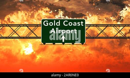 Gold Coast Australia Airport Highway Sign in an Amazing Sunset Sunrise 3D Illustration Stock Photo