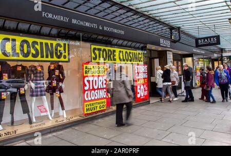 Southport, Merseyside, UK 25th Jan, 2020. Beales in administration, formerly known as Broadbents, is closing down with huge yellow closing down signs covering the windows of the Lord Street Store. Credit:MediaWorldImages/AlamyLiveNews Stock Photo