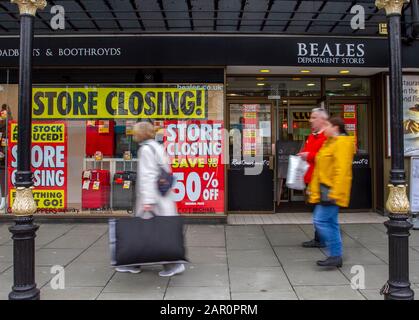 Southport, Merseyside, UK 25th Jan, 2020. Beales in administration, formerly known as Broadbents, is closing down with huge yellow closing down signs covering the windows of the Lord Street Store. Credit:MediaWorldImages/AlamyLiveNews Stock Photo