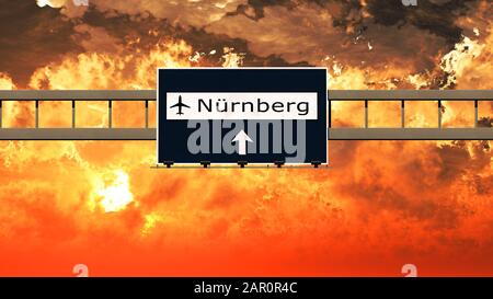 Nurnberg Germany Airport Highway Sign in an Amazing Sunset Sunrise 3D Illustration Stock Photo