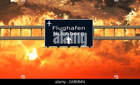 Nurnberg Germany Airport Highway Sign in an Amazing Sunset Sunrise 3D Illustration Stock Photo