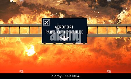 Paris De Gaulle France Airport Highway Sign in an Amazing Sunset Sunrise 3D Illustration Stock Photo