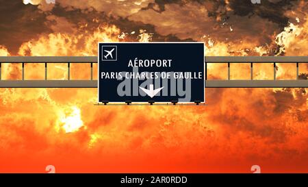 Paris De Gaulle France Airport Highway Sign in an Amazing Sunset Sunrise 3D Illustration Stock Photo