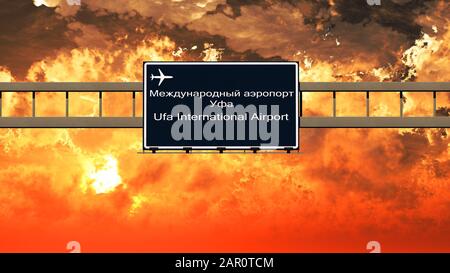 Ufa Russia Airport Highway Sign in an Amazing Sunset Sunrise 3D Illustration Stock Photo