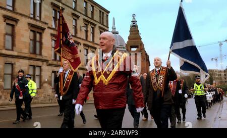 Glasgow, Scotland, UK, 25th January, 2020: Orange walk today as police escort as sectarian marches continue to cause controversy. Gerard Ferry/ Alamy Live News Stock Photo