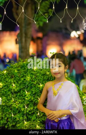 Feb 16, 2019, Girl wearing Thai national costumes, In the annual event, Lop Buri, Thailand Stock Photo