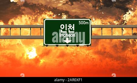 Incheon South Korea Highway Sign in a Breathtaking Sunset Sunrise 3D Illustration Stock Photo