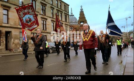 Glasgow, Scotland, UK, 25th January, 2020: Orange walk today as police escort as sectarian marches continue to cause controversy. Gerard Ferry/ Alamy Live News Stock Photo